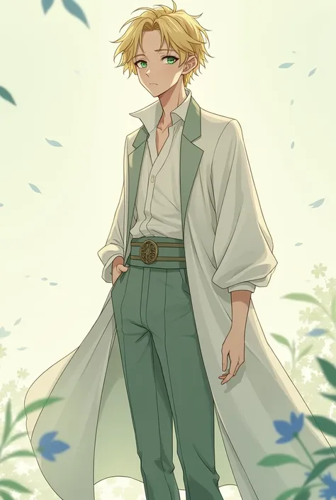 A young peredhil with blond hair,  water green eyes , about 20 years old,  in a simple and light but elegant outfit at the same time,And let it be animé style .And let it be male 