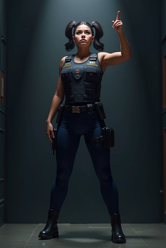  A female security guard showing with one arm and pointing her finger up  , of a healed and sculptural body with a wide hip , hair tied with bows upwards in a sexy , position wearing a dark blue uniform tightly attached to the body with a multifunctional b...