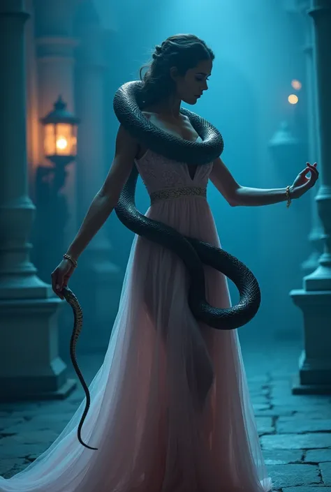 "A cinematic depiction of a woman in an elegant light_pink dress dancing gracefully, with a large snake wrapped around her torso and arms. The background is dimly lit with a bluish hue, featuring a soft glow from a distant lantern. The scene has an etherea...