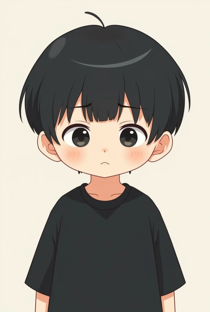 A simplified Japanese anime-style 3D character design. The character is a male with short and bowl cutted black hair and bangs, featuring soft and rounded facial traits. The eyes are East Asian-inspired, with slightly downward-sloping corners, giving a gen...