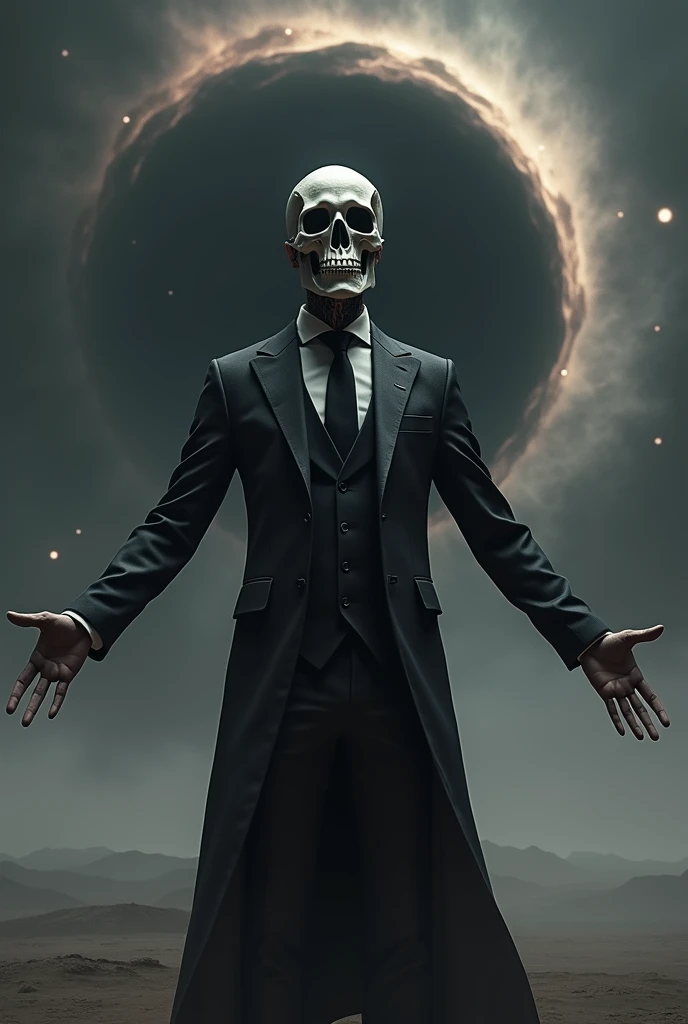 man in skull mask in suit, arms spreaded wide, space, black hole behind