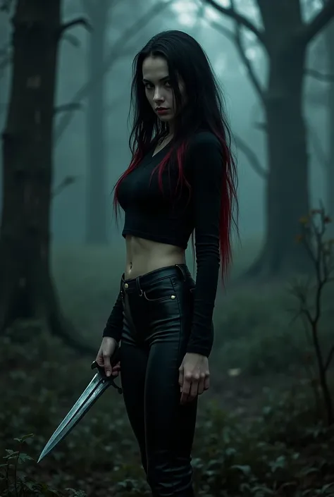 Give me an image that is real at exact darkness, in a dark forest, in that dark forest, there is a 21-year-old girl of 22, beautiful white skin, who has a good body, she wears a long sleeve black top and black leather training pants made of leather that fi...