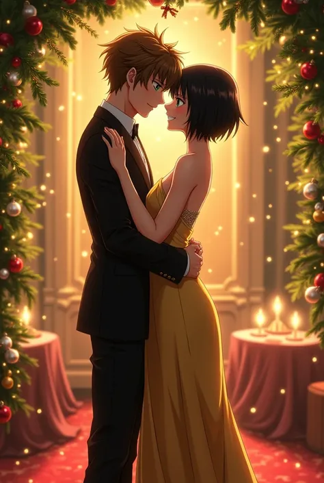  Eren Jaeger adult male anime smiling green eyes medium brown hair medium medium chungo formal suit full white formal shirt black formal shoes together hugged by Mikasa Ackerman adult woman smiling short black hair black eyes gold dress A-line duck tail wi...