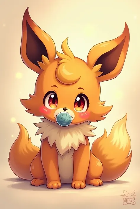 1 baby boy, short hair, Bangs, flareon eyes,  flareon Hair, fox Ear, fox  tail , Anime, Anime Style , baby flareon ,  in a flareon onesie, sucking on a pacifier , 