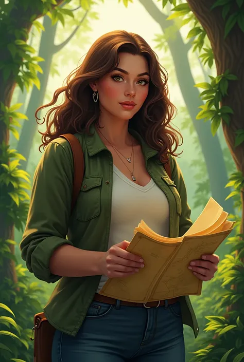 design, Half of a woman&#39;s body,  brown hair ,  forest,  holding a map,  looking forward, fat woman