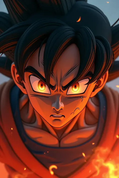 Goku in a dangerous woman having dangerous and sharp eyes scary coming from volcano it beautiful eyes