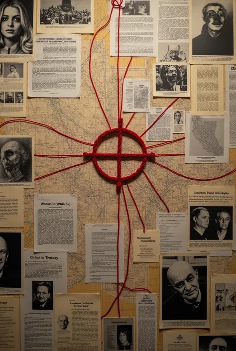 A research board :
" A board covered with black and white photographs , maps,  letters and newspaper clippings related to the case of the Zodiac Killer.  Red threads connect the images and notes , and in the center,  highlights the symbol of the circle wit...