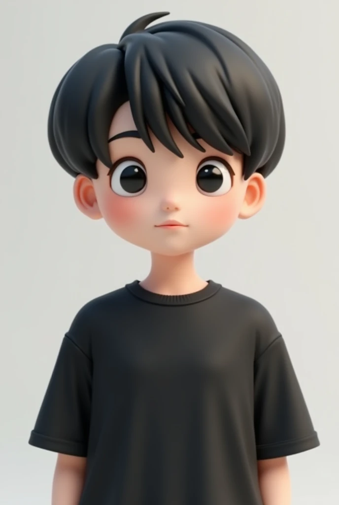 A simplified Japanese anime-style 3D character design. The character is a male with short and bowl cutted black hair and bangs, featuring soft and rounded facial traits. The eyes are East Asian-inspired, small and sleepy eyes we. The character wears an ove...