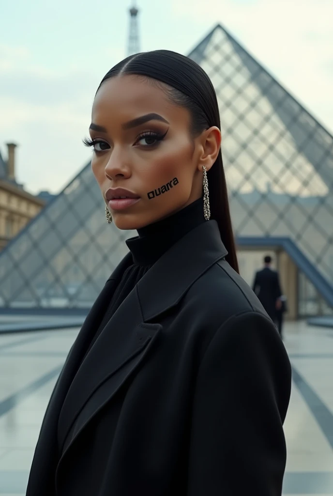 Une photo stylistique de Zendaya portant les habits class en noir avec un petit inscription de Igreq et un menton long de marque "Igreq devant la musée du Louvre de Paris. En arrière plan cest lhorizon de la tour Eiffel