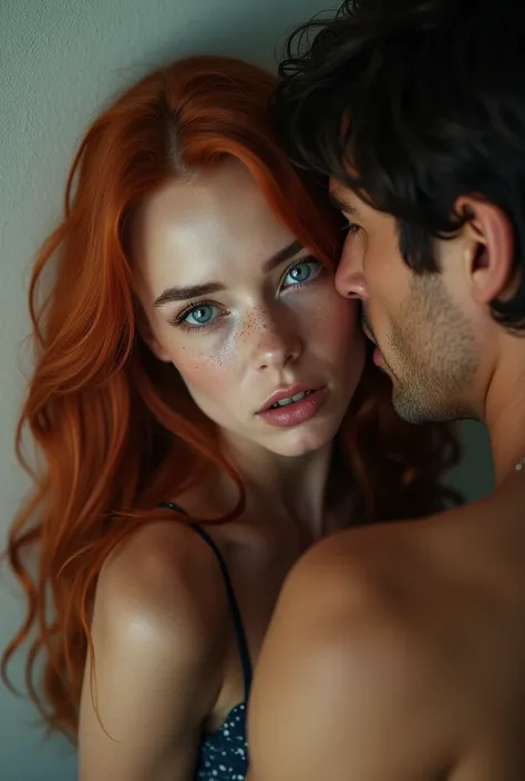 The woman has steel gray eyes. He has long red hair. White skin and freckles on the cheeks. He has a square jaw and high cheekbones. and a man holding her by the neck against the wall. The man has blue eyes and tanned skin. Medium length dark brown hair wi...