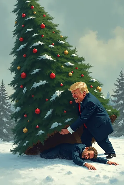 Macron who is run over by a huge Christmas tree pushed by Trump