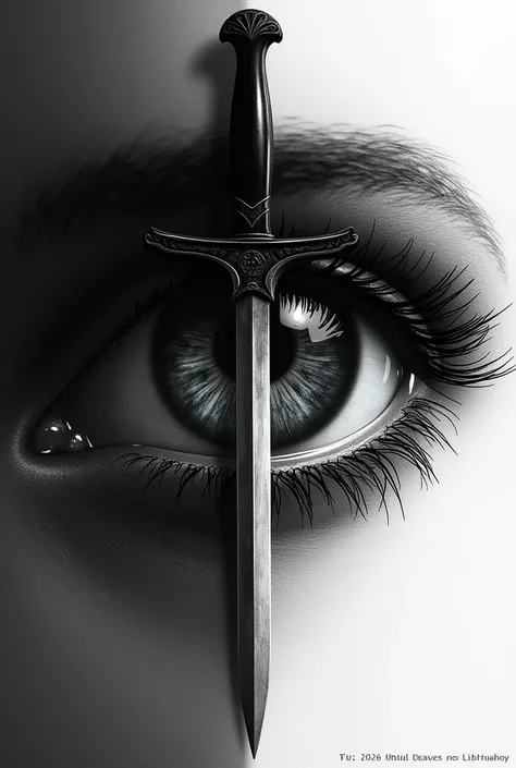 Picture of a book cover , With half of a big eye and inside the eye you can see a dagger and in black and white 