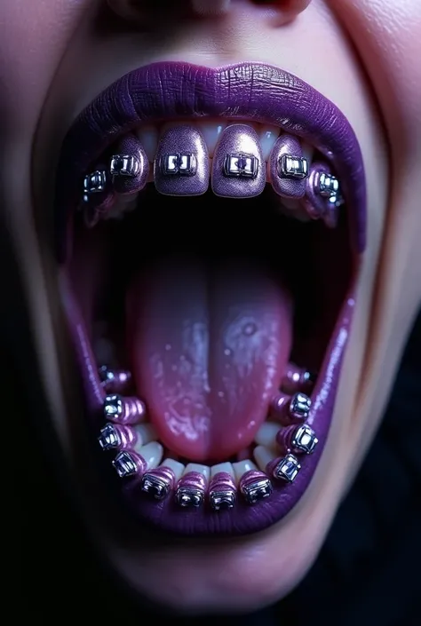 "The image shows a close-up of an open mouth with teeth covered by purple metallic dental grills. In the center of the image, against a black background, is the phrase text gotic  with a transparent liquid font style un dia sin bardo in white capital lette...