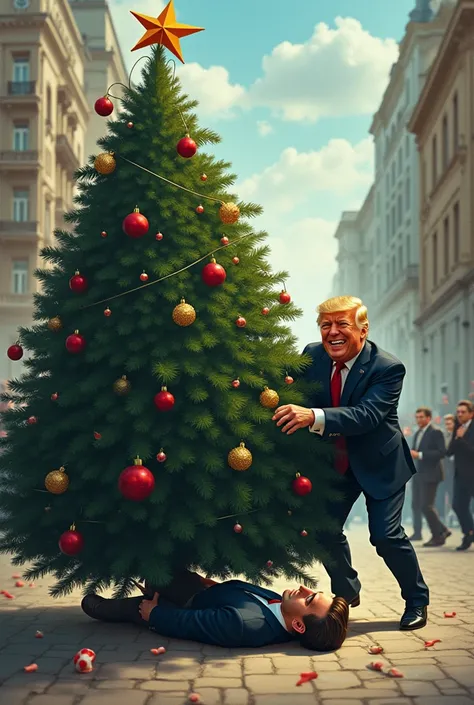 Macron who gets run over by a huge Christmas tree pushed by Trump who farts 