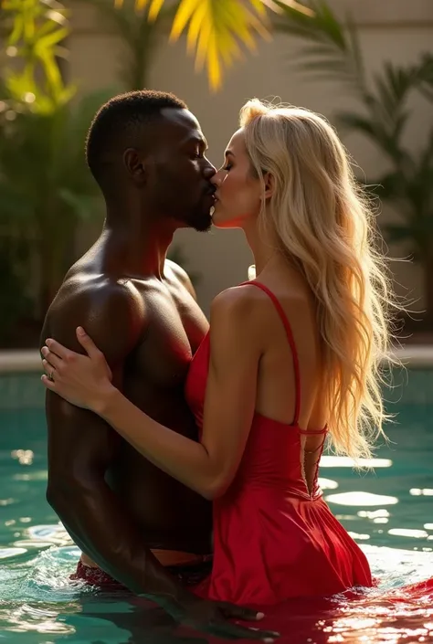  A black man Kissing hot and eating  lips  two beautiful blonde straight hair on bed. Girl long dress satin shiny red . Black man kissing . In sunny weather . In pool. Wet dress