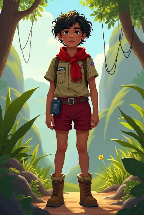 Couverture d’un livre, DESSIN scout TILY ETO MADAGASCAR en short  VELOURS MARON ET FOULARD GRENAT en tenue en relation avec la technologie, plus précisément l’informatique 