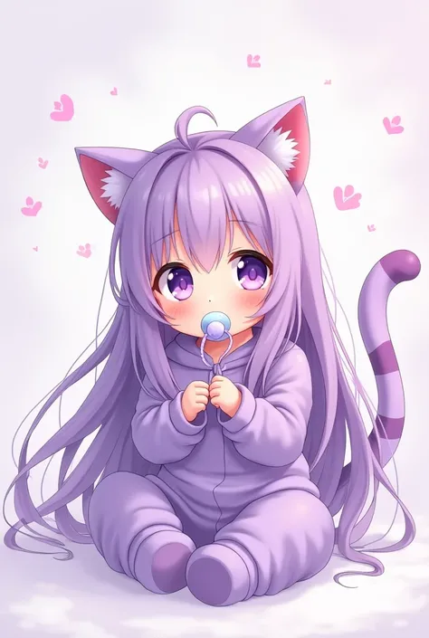 1 baby girl, long hair, Bangs, purple  eyes,  purple Hair, neko Ear, neko tail , Anime, Anime Style , baby neko ,  in a cute purple onesie, sucking on a pacifier , 