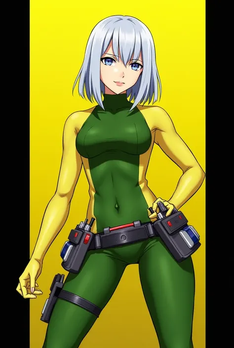 The image features a female character with striking silver hair, standing confidently against a backdrop of a yellow and black gradient. She is adorned in a green and yellow bodysuit that accentuates her form. A utility belt encircles her waist, equipped w...