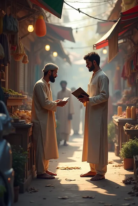 A man collect money from shop in his hand have a note book and pen in front of shop.
But shopkeeper refuse and said came tomorrow. 
Man cloth simple shalwar kameez. 
Place market same shop left and right