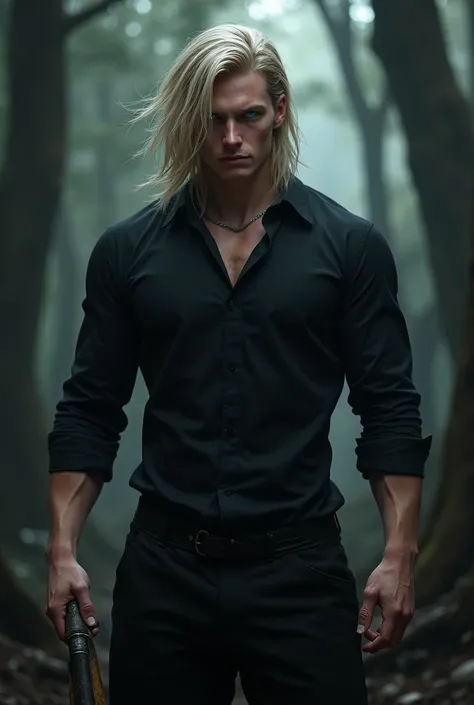 Give me an image that looks real, dark and exact in a dark forest of a handsome 21-year-old boy with very, very white skin with muscles, he has blond hair brushed backwards, he wears a long sleeve black shirt and black training pants, he has two in each ha...