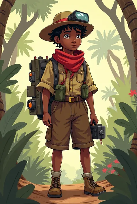 Couverture d’un livre, DESSIN scout en tenue TILY ETO MADAGASCAR en short  VELOURS MARON ET FOULARD GRENAT tenant des appareils avec la technologie, plus précisément l’informatique 