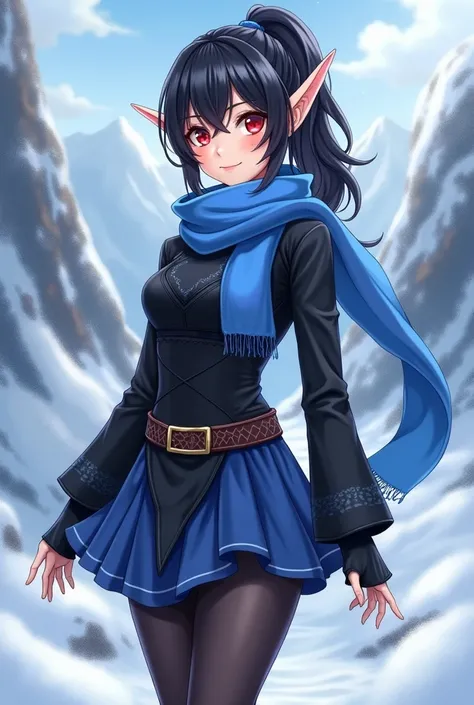 super fine illustration,shiny skin,fine skin,very cute and beautiful girl, elf girl with short ears, beautiful face, smiling and looking towards me, cocky-looking, beautiful red eyes, black hair in ponytail, Image of a woman in a black and blue minidress w...