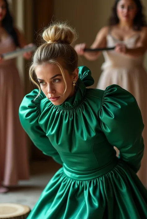 (realistic photograph sideways close up), (a happy willingly bend over beautiful Caucasian lady with (messy hair bun) and wearing (excessive shiny emerald silk dress with (long gigantic puff sleeves), (and with an ultra high tight stand-up collar up to her...