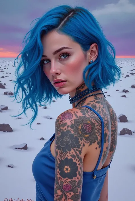    Katherine Langford with blue hair tattooed xomk if it were a painting painted in the snow Planet with shades of purple ,   and part of it is destroyed and half fragmented , y is in space  

