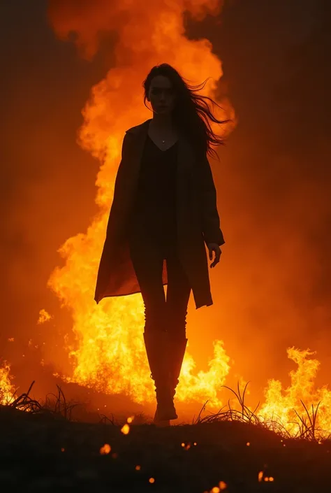 Silhouette of a woman walking on fire 