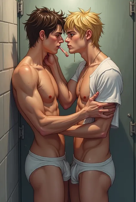  Young man,  brown hair , gray eyes, freckles, biting the lip,  wet white t-shirt ,black underwear, hand inside underwear, hug ,kiss,  another young blond gay man, Swing room door , cabelo wet,  dripping cum from the mouth ,  rubber penis ,underwear volume...