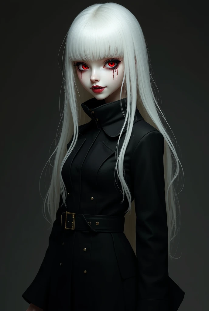  vampire girl straight white hair ,  strict look,  thin narrow face with sharp cheekbones ,  smile with teeth,  strict straight nose ,  black clothes high collar trench coat, adult age ,  red pupils , full length picture, dark background, red tears