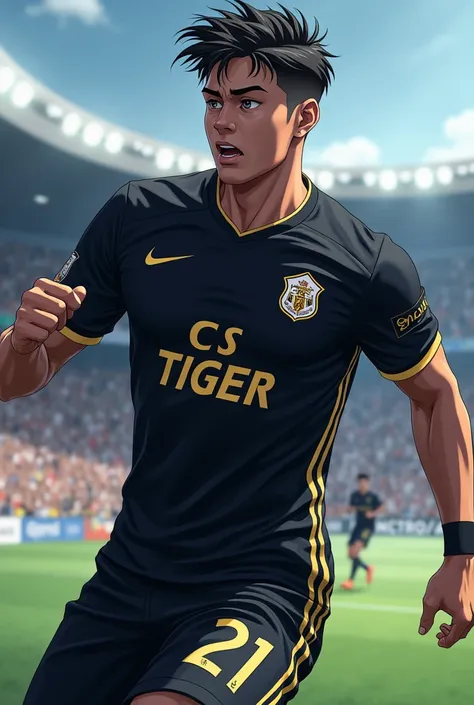 A football player wearing a aesthetic Black jersey. Jersey number 21. Team name CS TIGER. It is European Football . Player in anime mood. Dark black jersey .