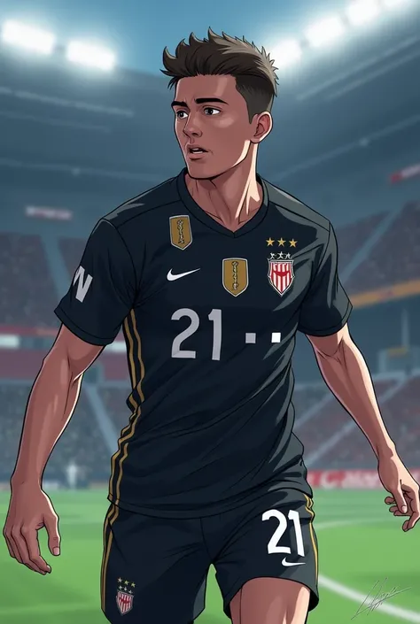 A football player wearing a aesthetic Black jersey. Jersey number 21. Team name CS TIGER. It is European Football . Player in anime mood. Dark black jersey .