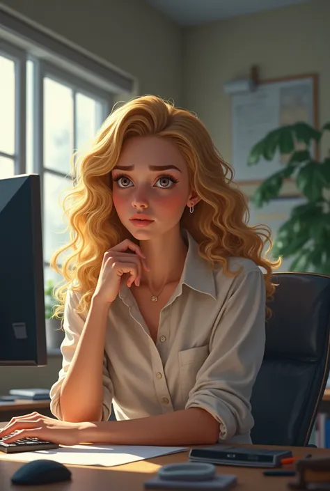 Create a young woman named Laura with curly and yellow hair at a desk bored with the companys graphics.  realistic style 