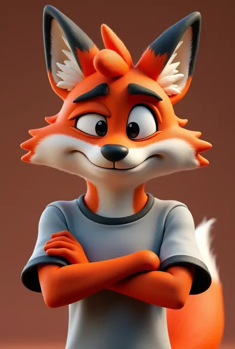 Make a cartoon character of a red fox and gray and white shirt, with arms crossed with the expression "seriously". Stylized character, animation style render, 3D stylized, Arnold Maya render, 3 d stylized render, toon render keyshot, 3D Character, 3D Chara...