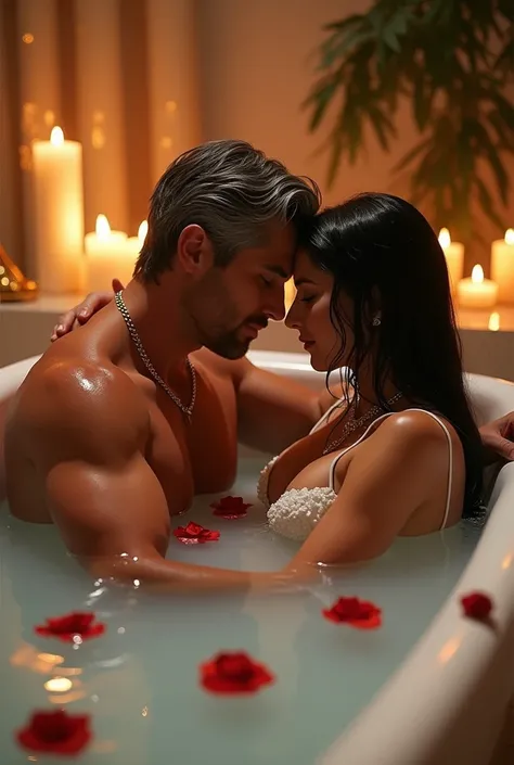 Beautiful woman long black hair straight light brown eyes wet or kissing handsome man muscular gray hair light brown eyes, wet hair both are in a bathtub filled with a milky liquid.  The bathtub is surrounded by burning candles and gold decorations ,  crea...