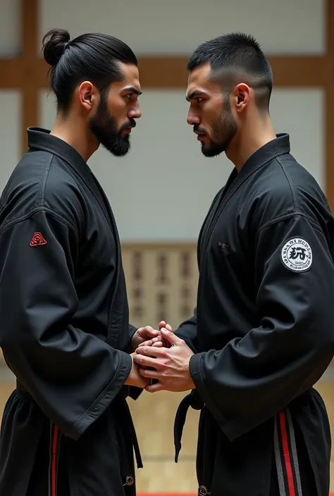 I need you to produce two male characters ready to fight (Nogi) with black clothing ready for the sport of combat, the two characters must be standing touching their hands and slightly projecting their bodies at the appropriate length