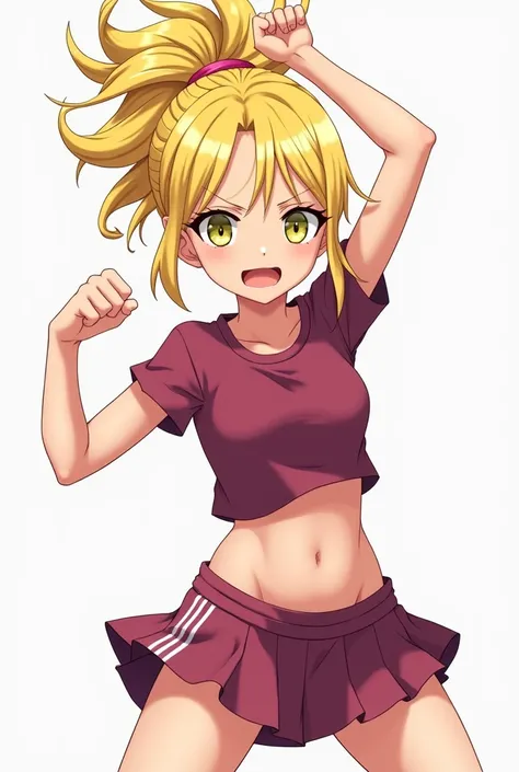 TEENAGE ANIME girl thats NOT too submissive and is wearing a dark pink crop top, a short dark pink skirt(over the knees) and has LIFTED UP blonde hair and yellow eyes. And is wearing sport shoes.