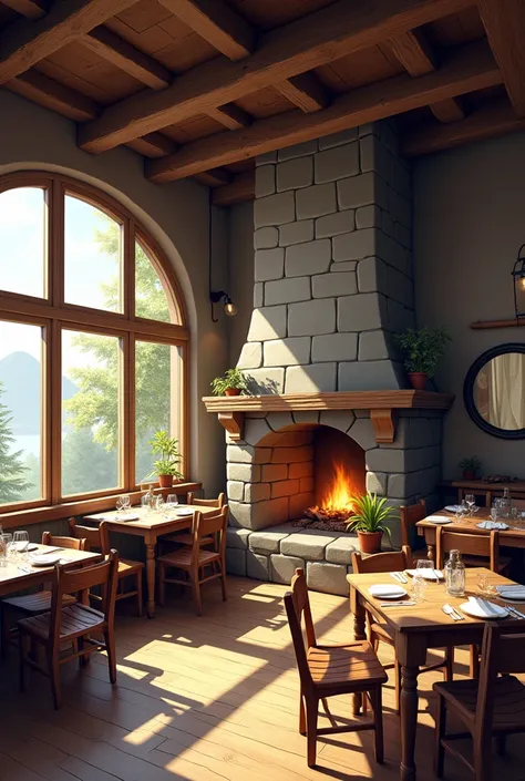 Une salle de restaurant style ancien avec poutre appante et une cheminee en pierre et des table en boiset des grande be vitrées 