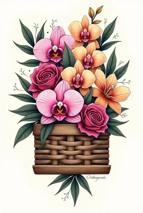 Make me a tattoo-like image of a not very large rectangular basket of flowers that are orchids and roses 