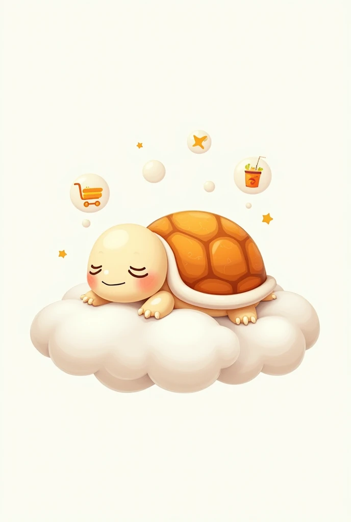 Create an animated illustration of a friendly turtle with a soft orange shell and white details. The turtle is sleeping peacefully on a white fluffy cloud. With a white background. The turtle has a serene expression, with closed eyes and a slight smile. Th...