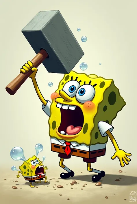 SpongeBob smashing the bubble blowing SpongeBob toy with a hammer