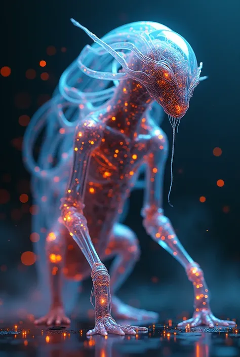 bioMechanical style Ultra detailed illustrations, phantom magical creature, (Translucent skin: 1.5), (translucent body: 1.5) Ms. Schiff&#39;s Art, neon lights, light particles, color, cmyk color, backlight, cyberpunk, close up, Mechanical, (whole body: 1.9...