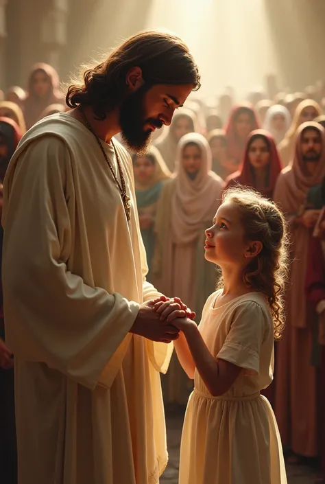 A girl with blond hair hold hands with Jesus in a large crowd of people 