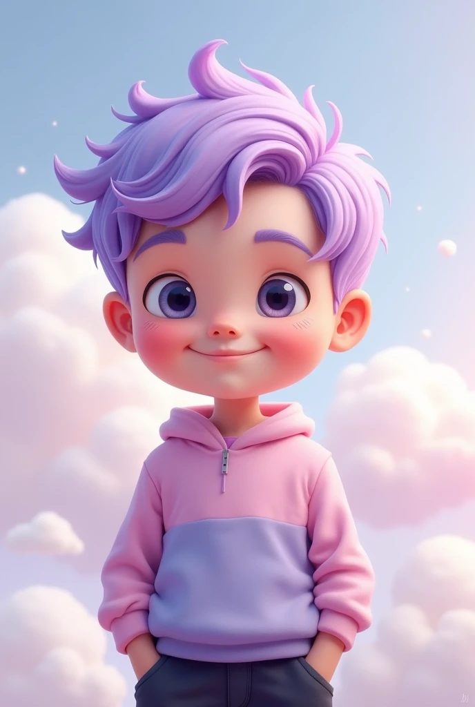 Draw a boy with light purple hair in a pink and light purple sweatshirt with clouds and black pants