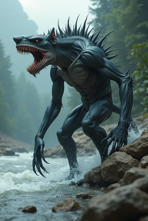  creates the image of a monstrous hybrid being  (Fusion of a shark and a monkey).  image with the characteristics of the 2 animals. on the edge of a river.