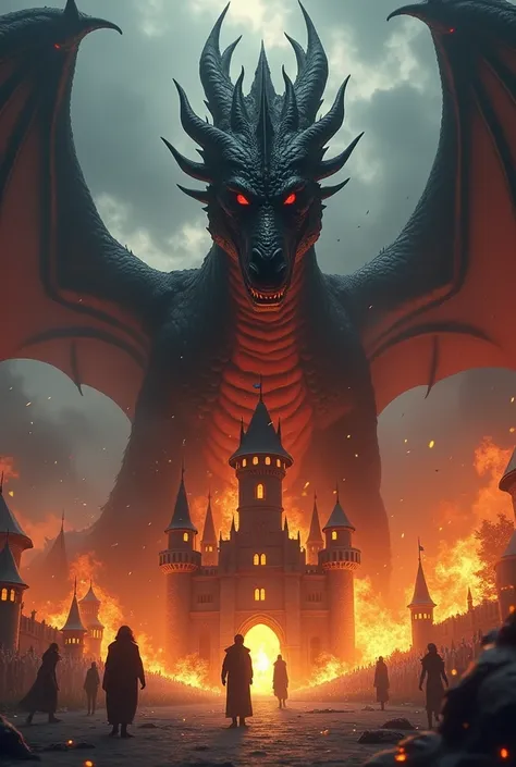 I want a dragon setting fire to people who are in a playful castle and laughing the dragon is black with red spots on its neck the sky is cloudy.