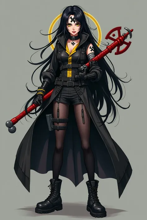 make me a character design in several perspectives, concept art style, of a vtuber, with yellow eyes and black pulias, long black hair my hero academy style, with golden orb rings, but, dressed in guerrilla clothing with light armor, black fascist style, w...