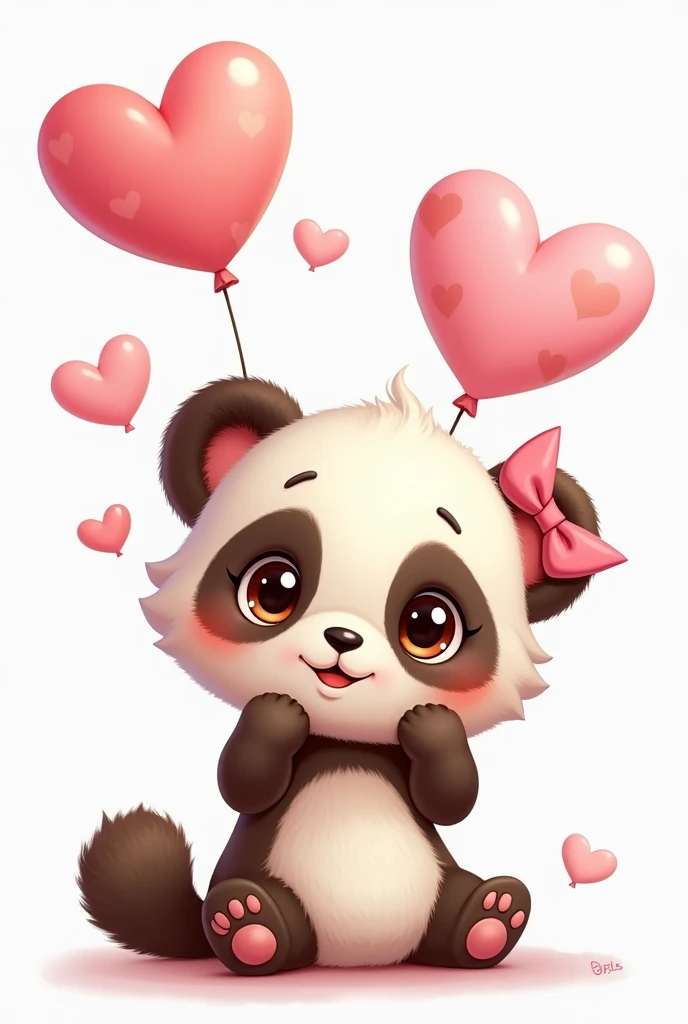 Baby panda with big brown eyes tender and flirty with a pink ribbon next to her ear with heart-shaped balloons for tattoos and white background 