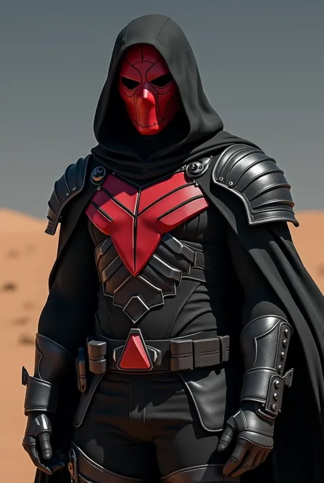 (photorealism:1.2), A character with a black hood covering most of his head, he has a completely red mask. The mask that appears in the image is completely red with white details, creating a geometric and angular design that gives him an intimidating appea...